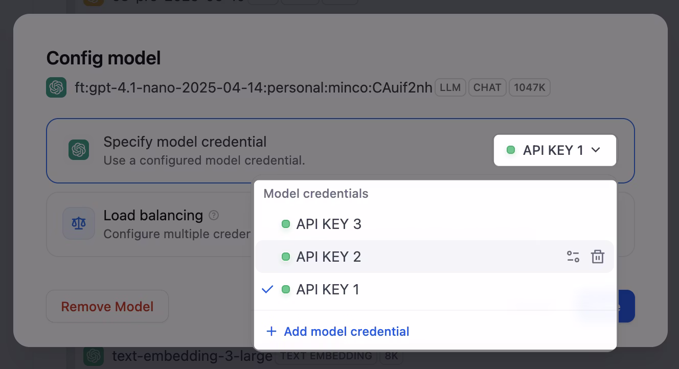 Manage credentials for a single custom model